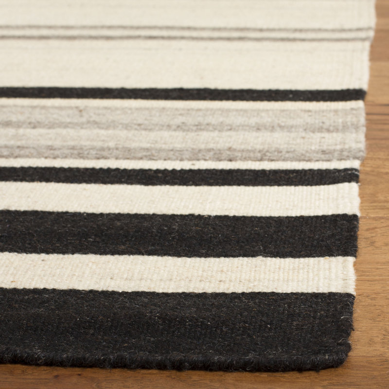 Tapis noir / brun clair en laine / coton tissé à la main à plat à rayures Emek, Carré 6 pi