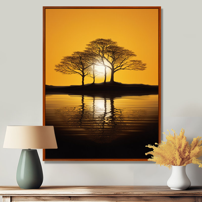 Coucher de soleil jaune à travers des silhouettes d'arbre noir - Art mural chêne, Toile avec cadre flottant brun