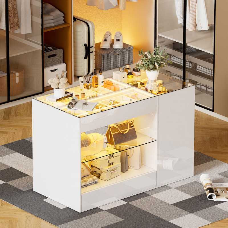 Commode 8 tiroirs 2 tablettes avec plateau en verre trempé clair et îlot avec commode