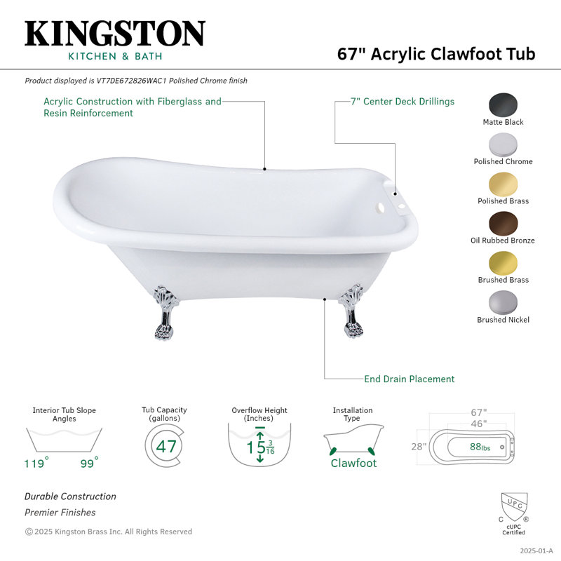 Kingston Brass Aqua Eden 67-Inch Acrylic D-Shaped Single Slipper Clawfoot Tub (7-Inch Faucet Drillings), White/Matte Black