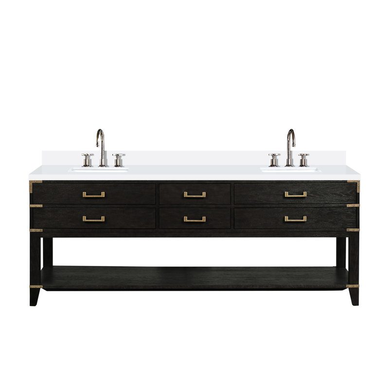 Meuble-lavabo double en chêne noir 22 po D Avec comptoir en marbre de culture fini à la main, robinet et quatre tiroirs pour solution de rangement.
