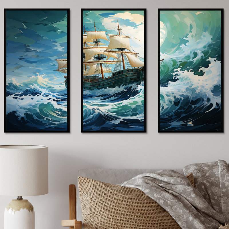 The Pirate Boat Odyssey's Voyage I - Art mural classique, H 28 po x l 36 po, Cadre flottant noir