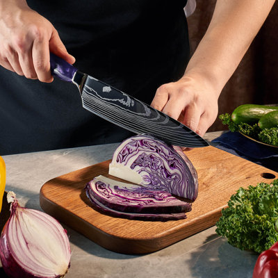 "Amethyst" 8" Japanese Chef's Knife With Purple Resin Handle & Damascus Blade Pattern