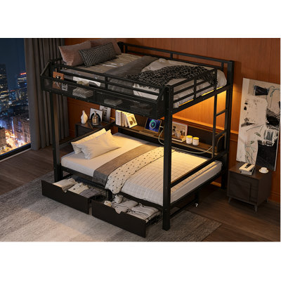Grand lit superposé multifonctionnel en métal avec tablettes de rangement et tiroirs, avec bandes lumineuses à DEL et ports USB, lit inférieur convertible en canapé, noir