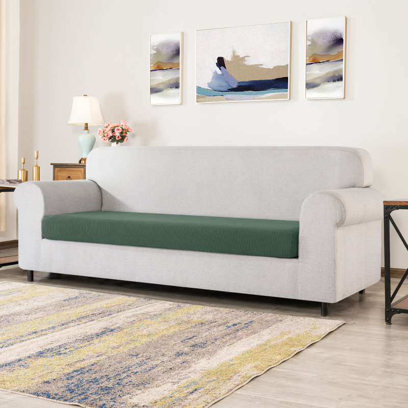 Stretch Textured Grid Box Cushion Sofa Slipcover, Dark Cyan