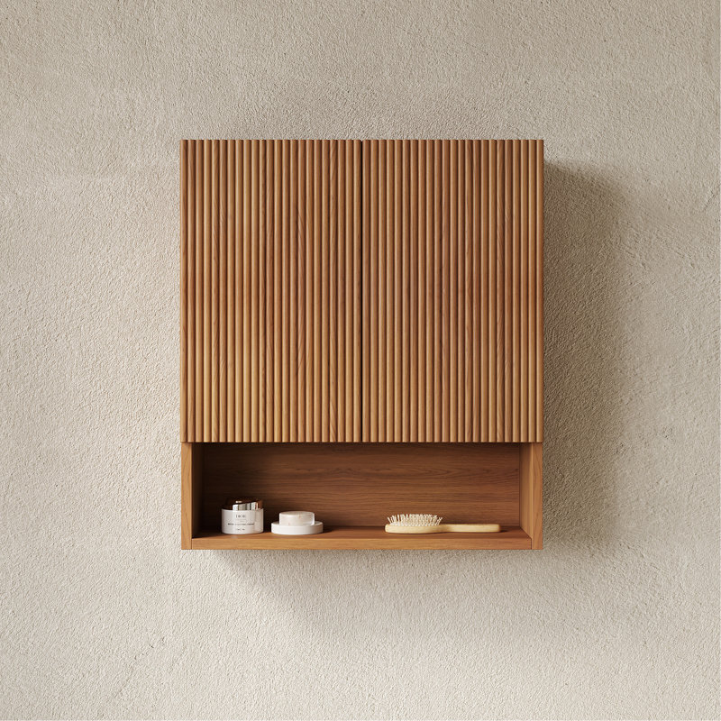 26" Wall-Mounted Striped Bathroom Cabinet, With Doors, Shelf And Open Storage Compartment Over The Toilet Storage Cabinet For Bathroom, Kitchen, Laundry Room, Brown Oak Woodgrain Color