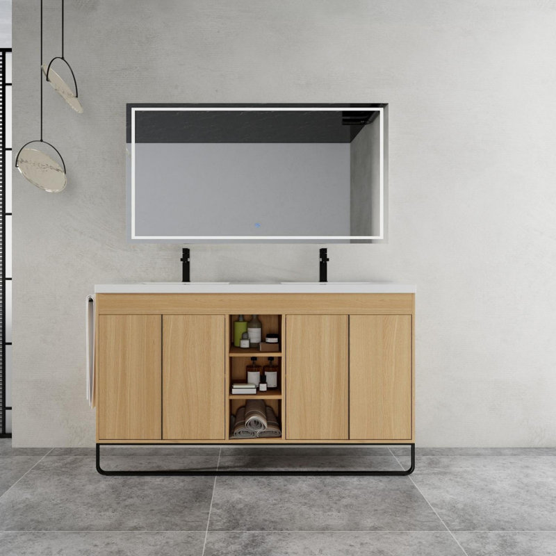 Meuble-lavabo autoportant avec double lavabo, porte à fermeture douce et support de rangement ouvert, 60"