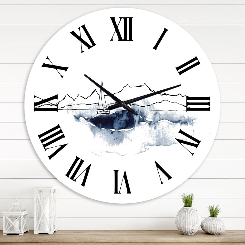 Minimaliste paysage marin avec montagnes noires et bateau - horloge murale nautique et côtière, Grand