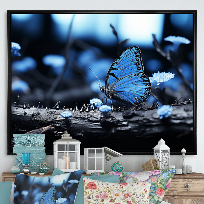 " Forest Blue Butterfly Woods ", Black Floater Framed, 30" H x 40" W x 1.5" D