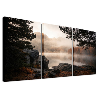 "Misty Mountain Lake" avec pin et forêt d'automne, ensemble de 3 toiles