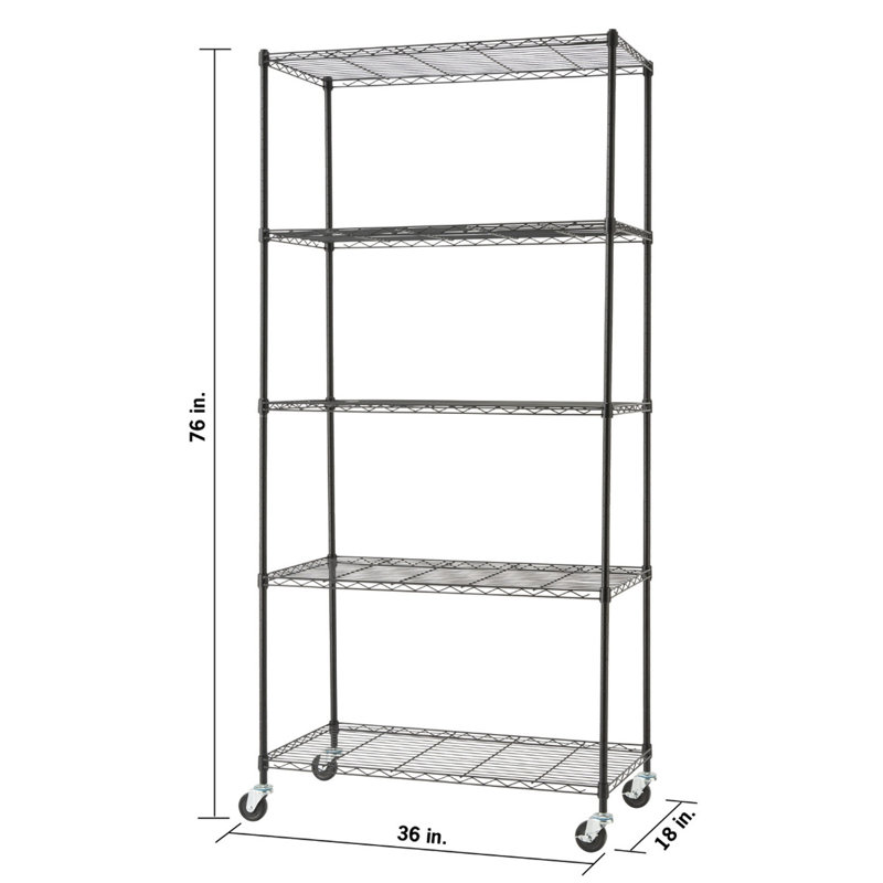 Black 5-Tier Steel Wire Shelving Unit with Wheels, 18"L x 36"W x 76"H