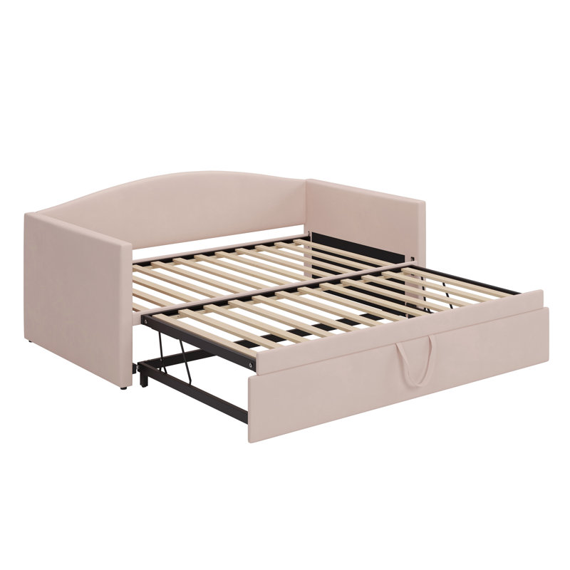 Twin Size Daybed With Extended Pop Up Trundle, Upholstered Sofa Bed Daybed, Space-Saving Twin To King Design, Perfect For Guest Room, Velvet, Pink