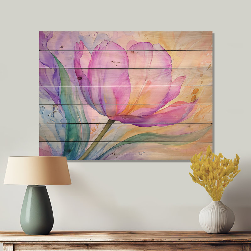 Fleur d'été de tulipe mauve IV - Art mural traditionnel sur bois de pin naturel, H 24 po x l 32 po x P 0,78 po