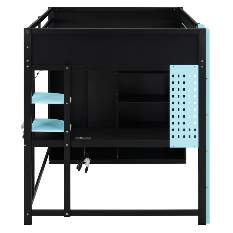 Lit mezzanine en bois peu encombrant avec bureau et lumières RVB, bleu moderne