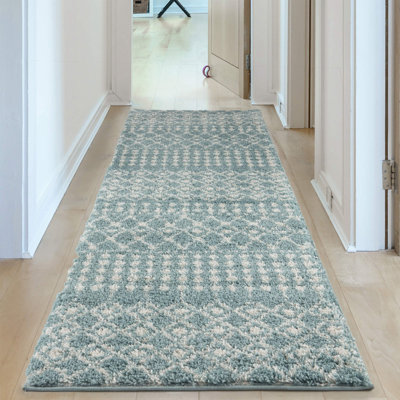 Moroccan Shaggy Collection Rugs Tangier Design in Duck Egg Blue/Ivory