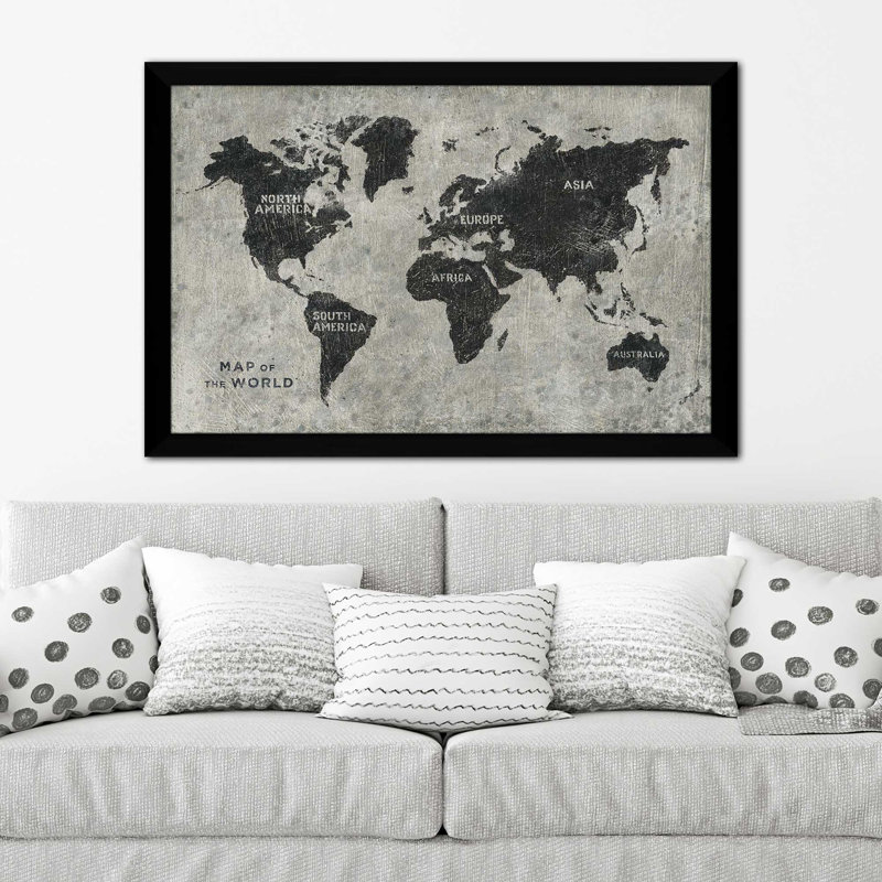 Carte du monde grunge - impression, Cadre noir, H 27,5 po x l 39,5 po x P 0,75 po