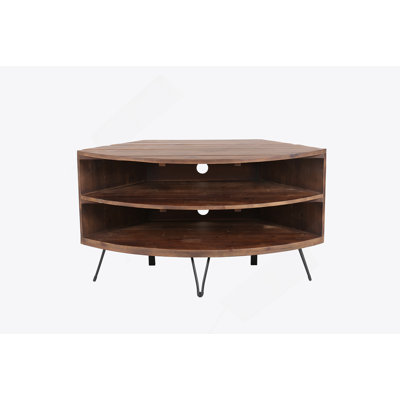 Fan Shape Reclaimed Wood Corner Media Table For Living Room Wise Use Your Space