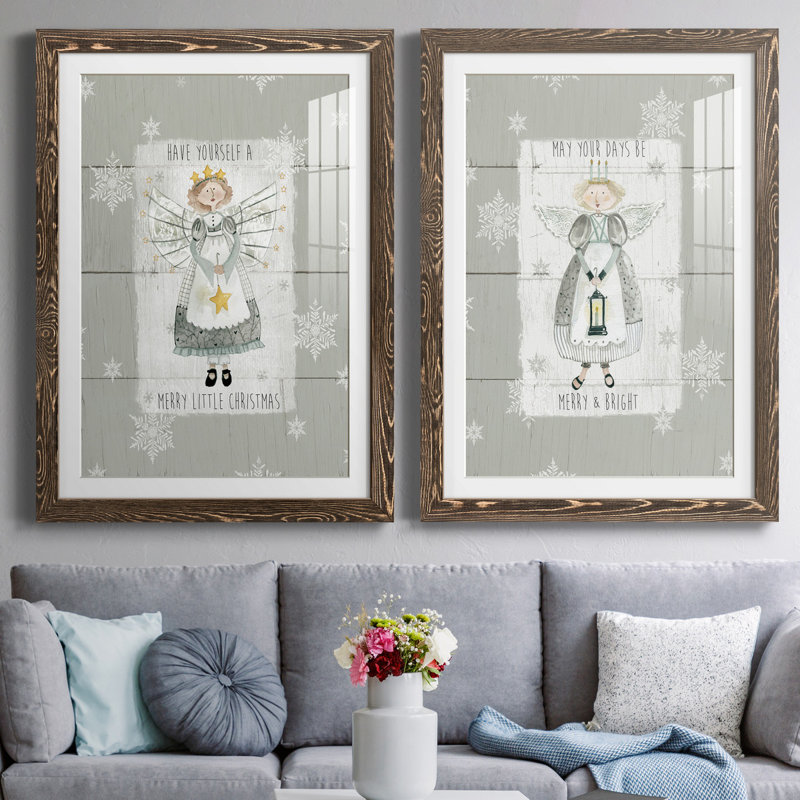 «Merry Little Christmas», ensemble de 2 reproductions d'art, H 31,5 po x l 47 po x P 1,5 po, Papier, cadre noyer, Blanc