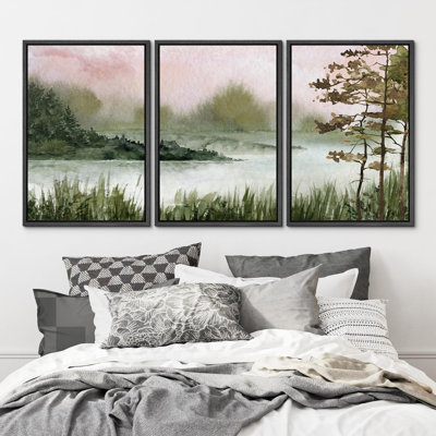 "Tranquil Lake Serene Misty Forest Landscape Nature Wilderness Illustration Modern Decor" 3 pièces
