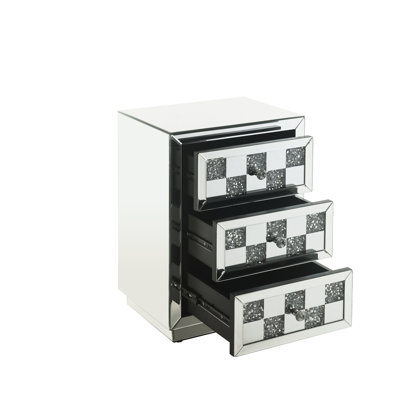 Elegant Mirrored And Faux Diamonds Accent Buffet - 3 Drawer, 18"w X 26"h, Synthetic Wood Table With Tray 1.3" Thick,