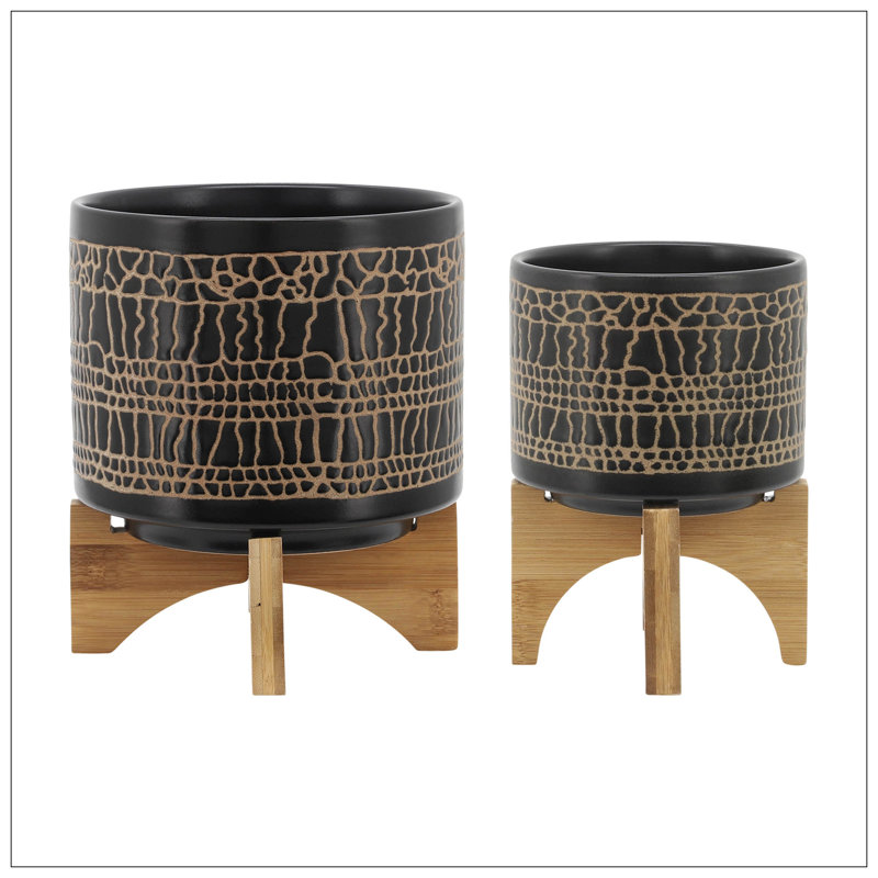 S/2 5/8" GLAZED PLANTER W/ STAND, BLACK