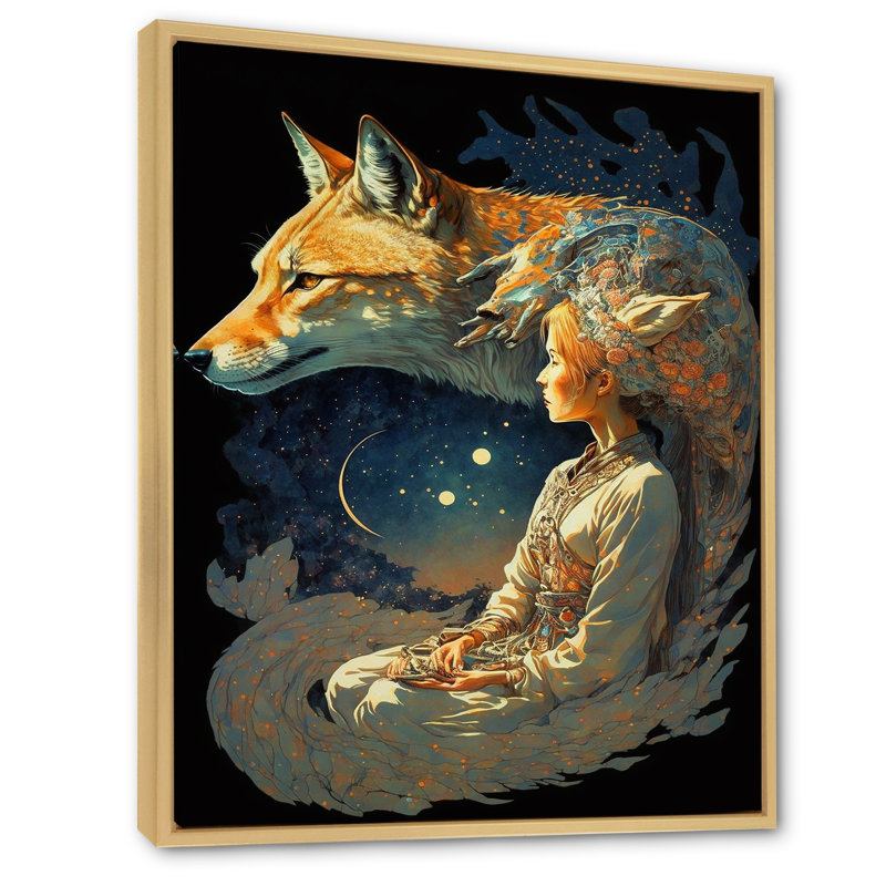 Cosmic Fox avec femme mystique I - impression, 40" H x 30" W, Cadre naturel flottant
