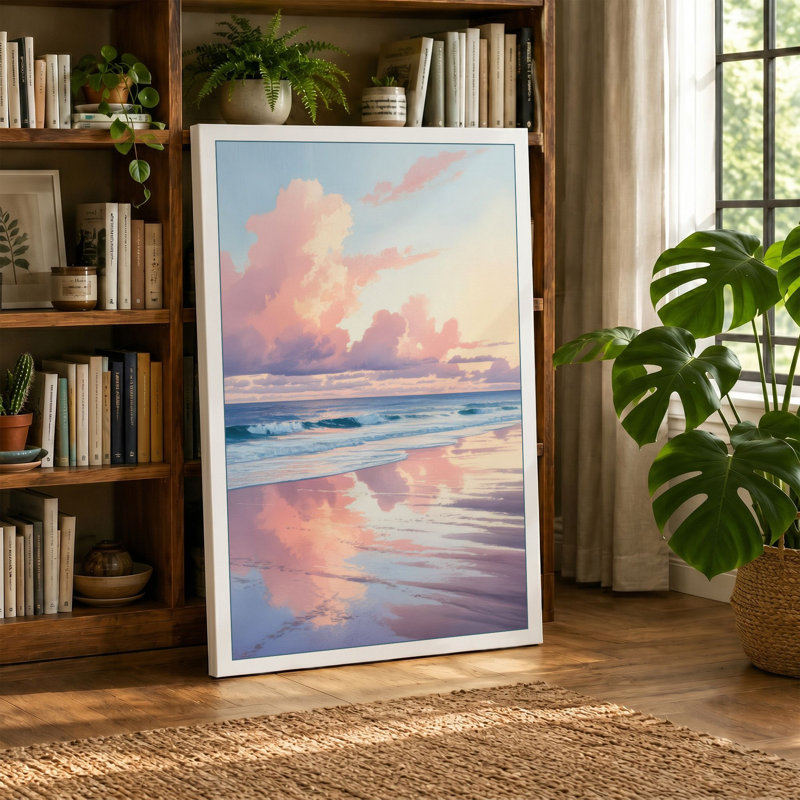Dawn Beach Reflections Coastal - Wrapped Canvas, 36x24 - 91.4 x 61.0 cm, Ochre Border