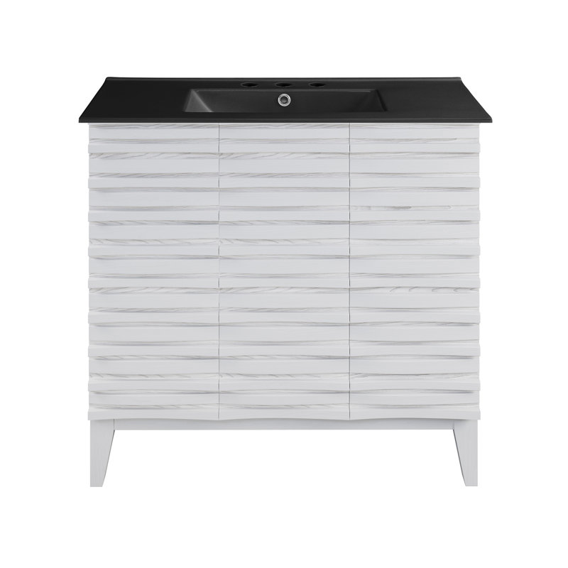 Meuble-lavabo en chêne blanc Cascade 36 po avec comptoir en céramique noir à 3 trous, Noir, Blanc
