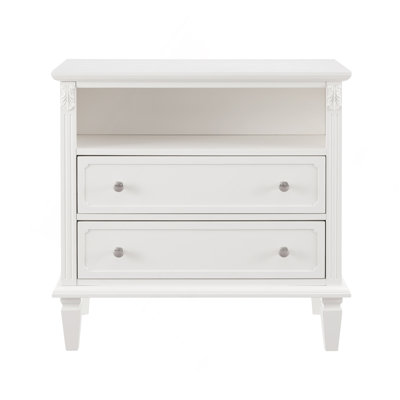 Open Space And 2 Drawers Dresser Nightstand With Charging Station, Farmhouse End Table With USB Ports And Outlets, Fluted Pilasters Design Side Table With Solid Wood Legs For Bedroom
