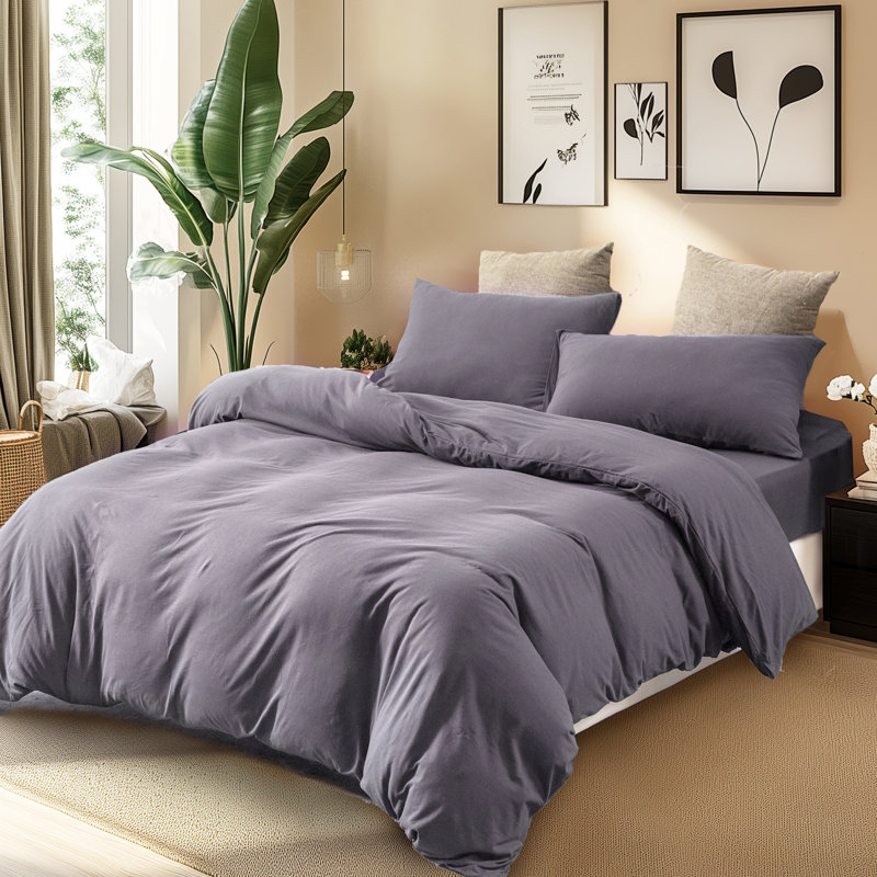 King Size Violet Gray Jersey Cotton Duvet Cover Set