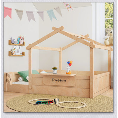 Childlike Design Full Size House Floor Bed with Guardrails, Roof, and Built-in Tray for Kids, Promoting Independence and Creativity