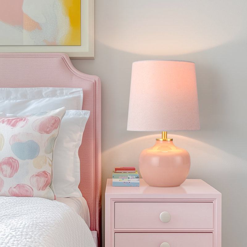Ensemble de lampe de table 15 pouces en verre rose pour enfants avec abat-jour en velours pour chambre de fille, chambre de bébé