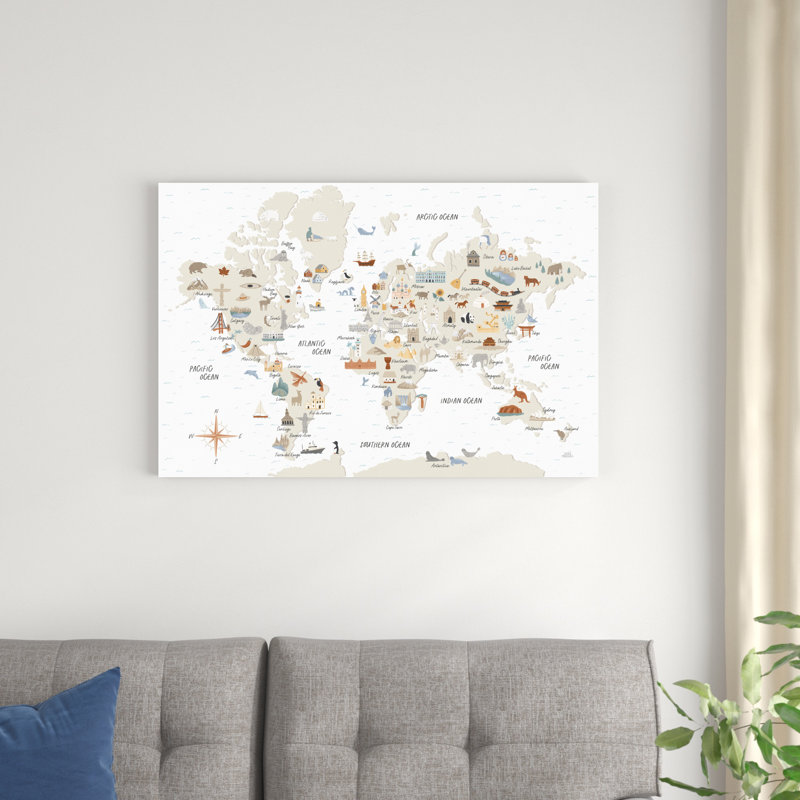 "Autour du monde I" par Laura Marshall, H 24 po x l 36 po, Non, Cadre flottant blanc
