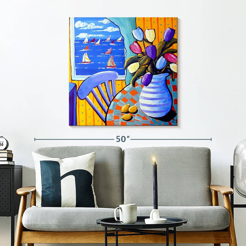 Chaise bleue Harnek et tulipes