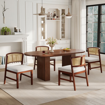 Rattan Dining Chairs Set of 6, Rubber Wood Frame, Curved Back, Thick Padded Seat, Armless Kitchen Side Chairs for Dinging, Living, Kitchen