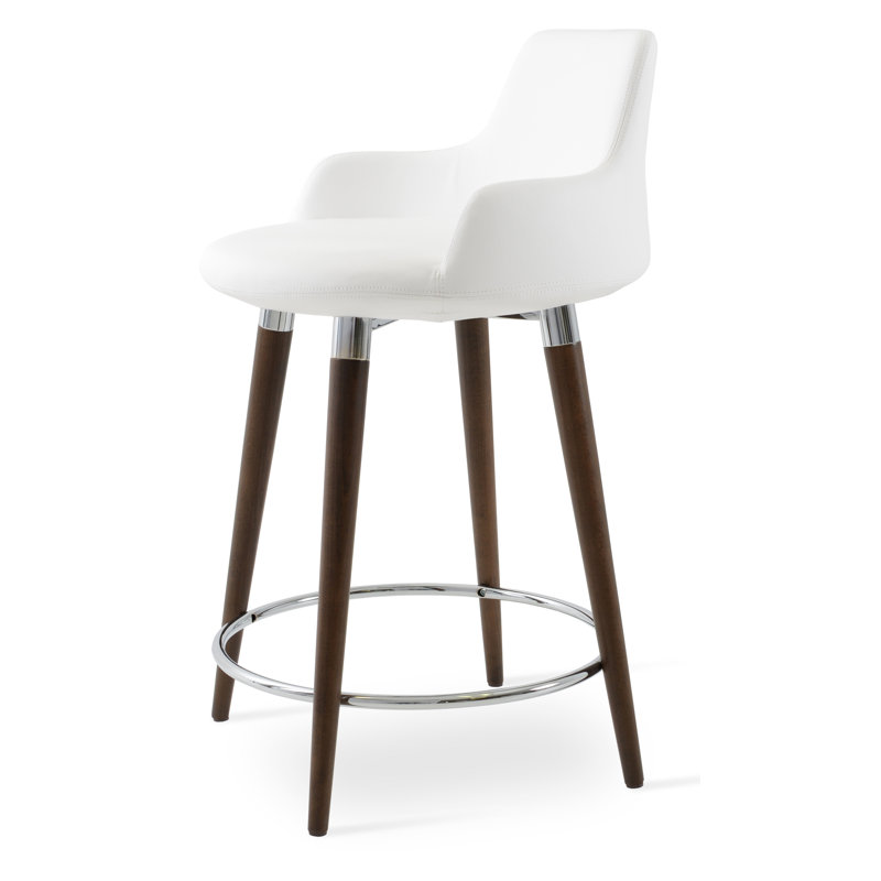 Dervish Upholstered Faux Leather Counter Stool, Leatherette-White, Walnut