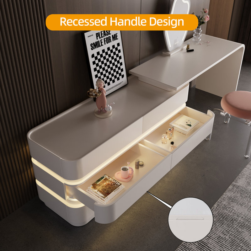 Cyruss Expandable 51.18 '' - 90.55 '' Modern Makeup Vanity with Integrated Lighting, Multiple Storage Spaces (6-Drawers)