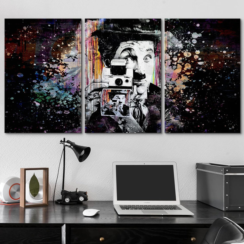 Aérosol de peinture Charlie Chaplin Graffiti et art urbain, art moderne coloré, portrait urbain, 3 pièces, Toile tendue