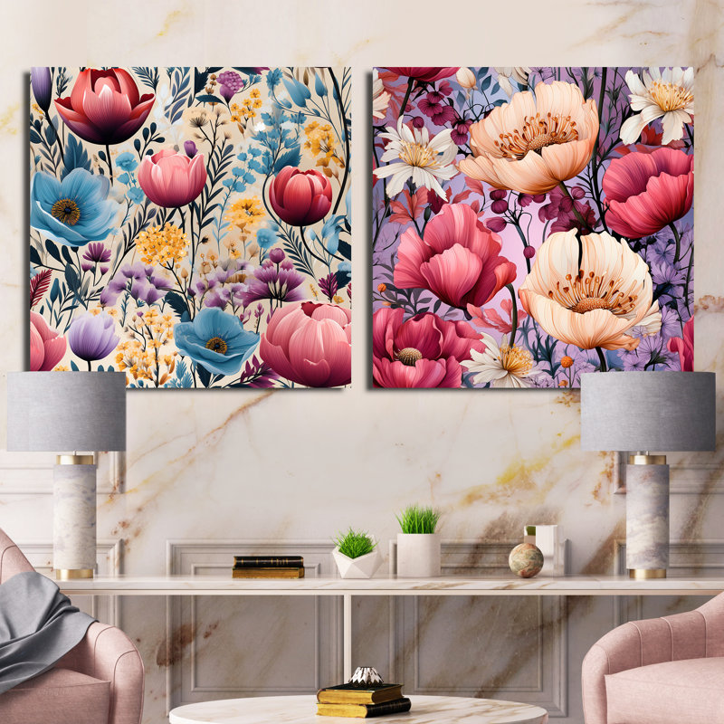 Cyprien - Ensemble de 2 collages carrés floraux, Toile tendue, H 16 po x l 33 po