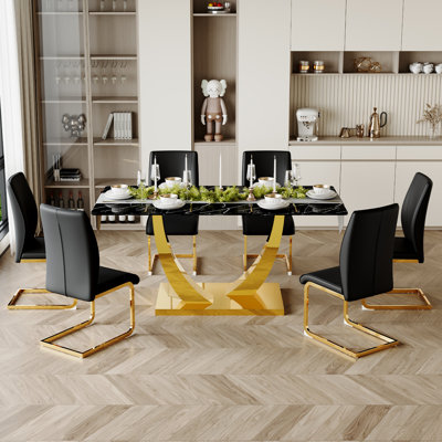 Ensemble de table de salle à manger de luxe avec plateau en verre et chaises en similicuir, ensemble de table de cuisine moderne avec pieds en métal doré