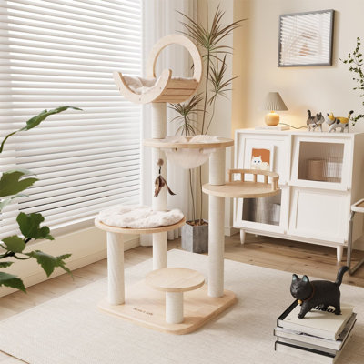 Arbre à chat transformable 57 po, tour à chat en bois moderne pour grands chats avec poteaux à griffer