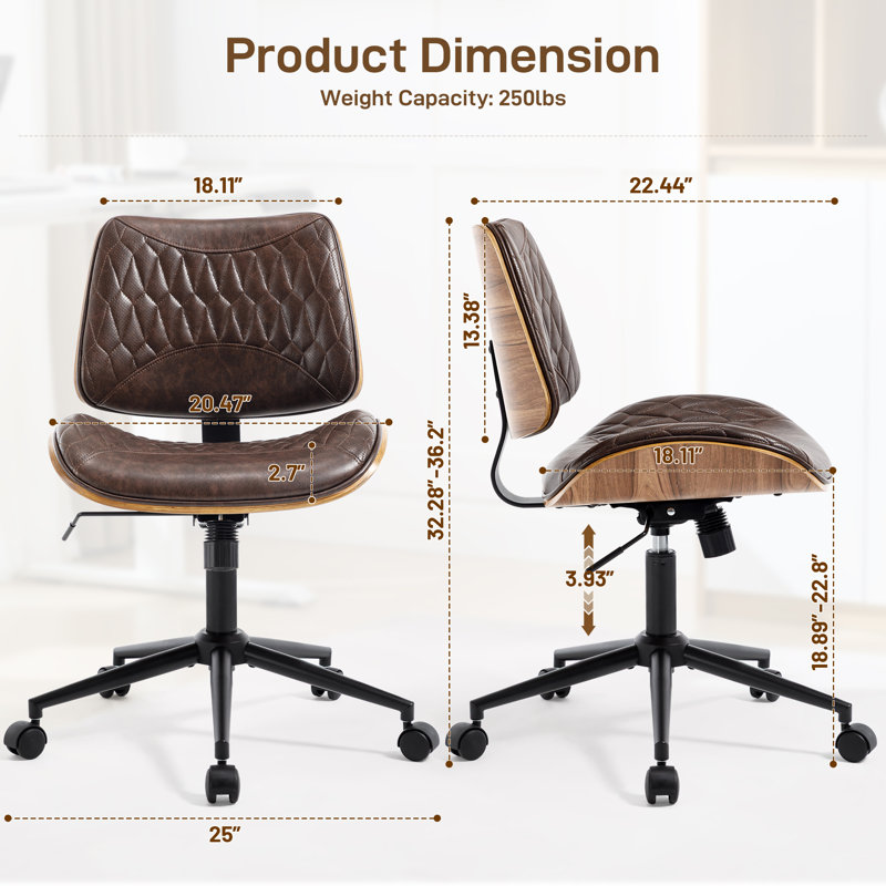 Chaise de bureau Mid-Century moderne sans accoudoirs avec roulettes, chaise de bureau pivotante en similicuir avec coque en bois de noyer, hauteur réglable et fonction berçante