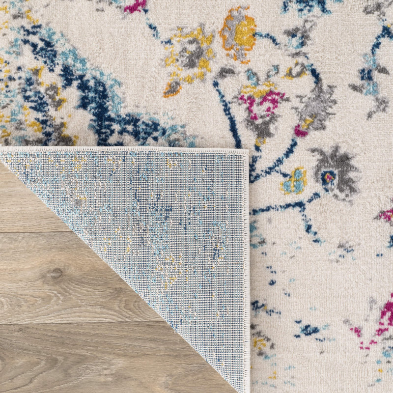 Tapis crème / bleu Azulejos, Tapis de couloir de 2 pi x 7 pi