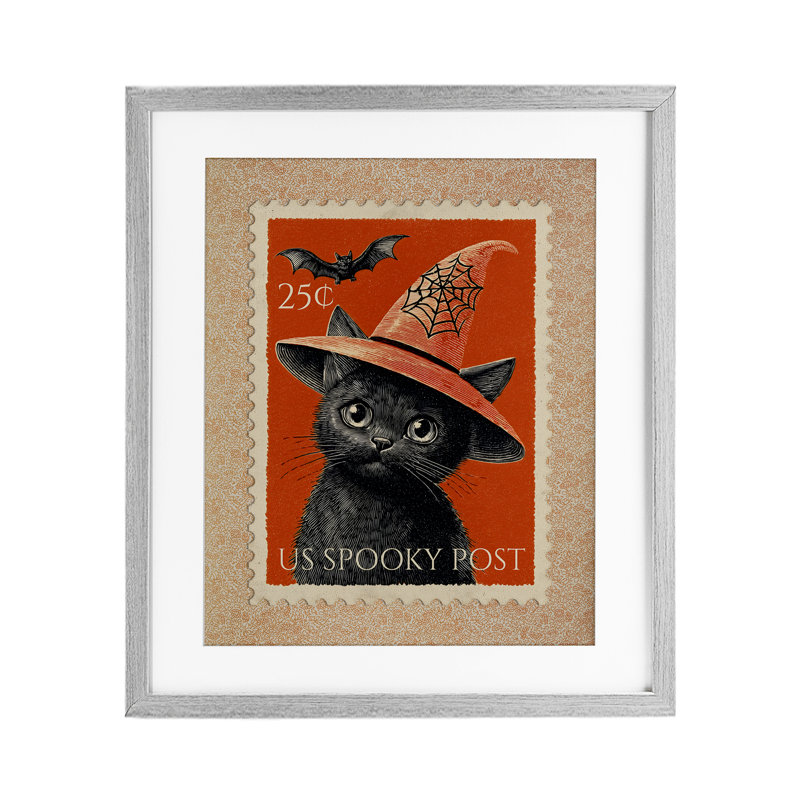 Timbre de chat noir rétro, impression sous verre, par Arlington Prints, Cadre de ferme gris, H 16 po x l 13 po