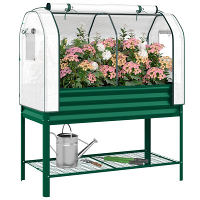 Galvanised Raised Garden Bed with Greenhouse Cover, Metal Elevated Garden Bed with Legs, Bed Liner and Bottom Shelf, Outdoor Raised Planter Box for Vegetables, Herbs, Flowers, Green