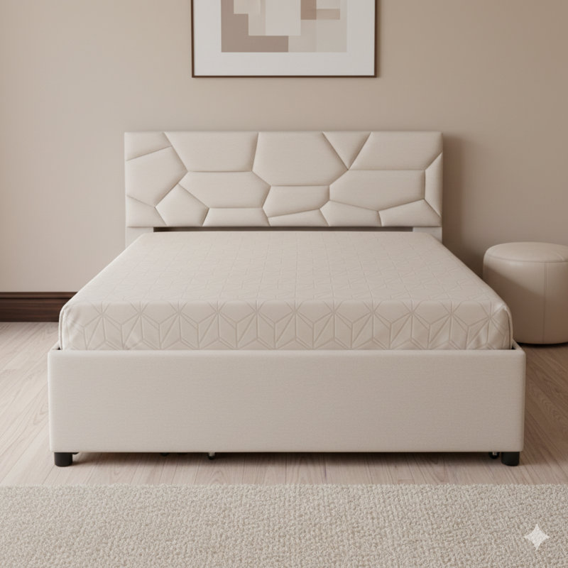 Lit plateforme tapissier beige avec tête de lit à motif brique, gigogne simple et deux tiroirs en tissu de lin