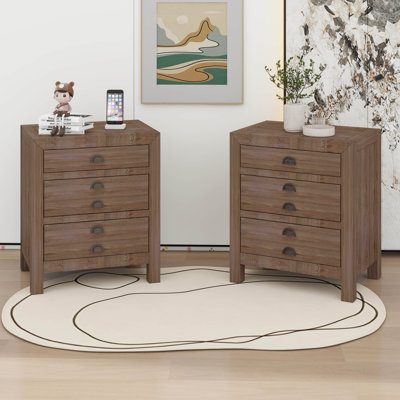 Ensemble de table de chevet rustique en bois de pin massif à trois tiroirs style rustique