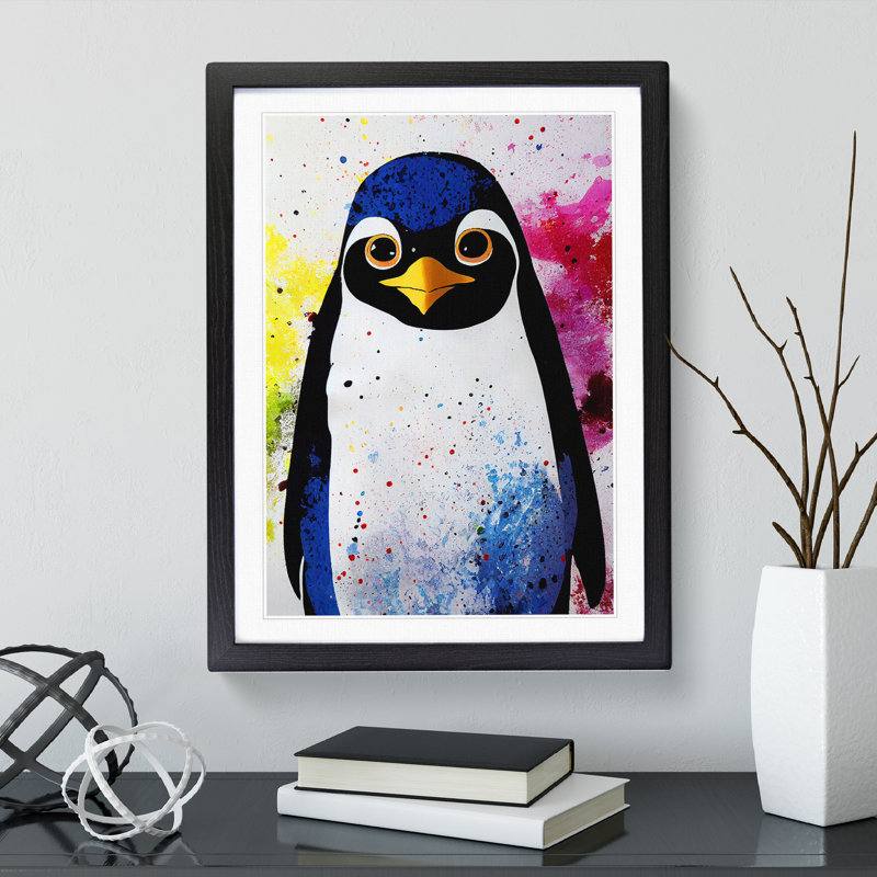 XV1022-3233X Paint Splash Penguin No.1 - Single Picture Frame Print, Black, 64cm H x 46cm W x 2cm D