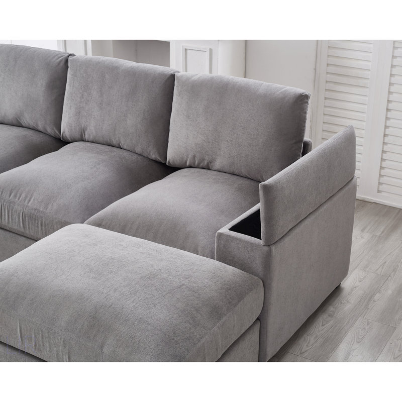 Sectional Sofa Deep Seat Couch With Ottomans, Upholstery For Comfort And Style In Living Rooms And Offices, Gray Polyester