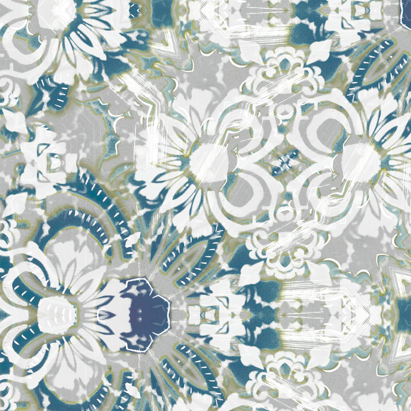 Carmen | Double rouleau de papier peint abstrait floral, Gris / bleu / blanc